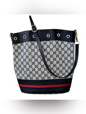 GUCCI Vintage Ophidia GG Web Navy Leather & Canvas w/ Red Stripe Bucket Bag